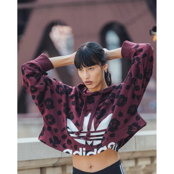 Adidas Originals Bellista Women's Cropped Burgundy Leopard Print Hoodie Small - Picture 4 of 10